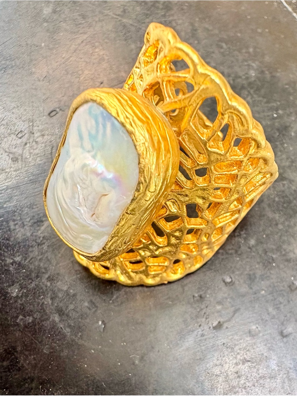 Gold Filigree Cuff Ring with Iridescent Mother of Pearl Accent No Tarnish Steel